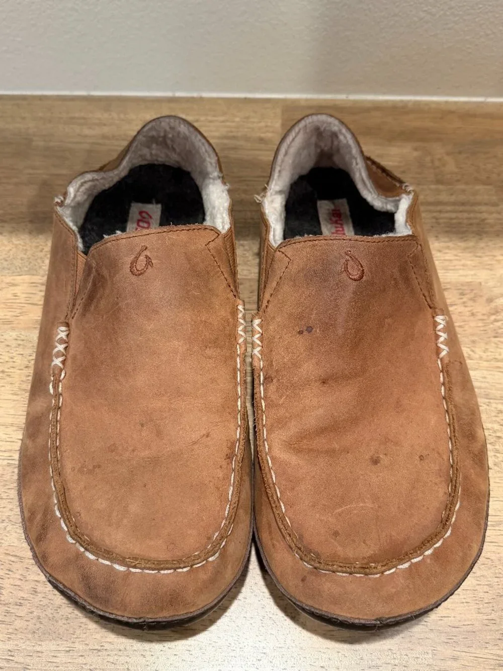 OluKai Moloa Slipper Leather Shearling Slip On Shoes Tan Brown Men’s Size 12